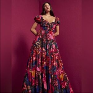 FARM Rio Blue and Red Puff Sleeve Gown